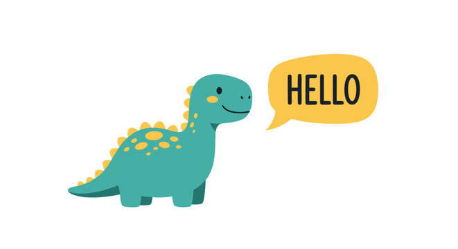 Friendly little blue dinosaur with yellow spots and a happy smile saying hello in a yellow speech bubble on a white background.