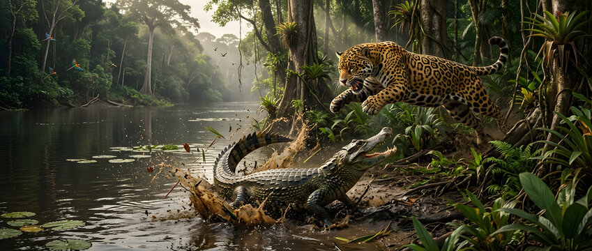 Silent Predator of the Amazon &ndash; Wildlife Documentary of a Jaguar Ambushing a Caiman Along a Dense Amazon Rainforest River