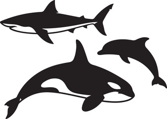Fototapeta premium Black orca, shark and dolphin silhouettes, marine animal vector icons, ocean creatures, sea life