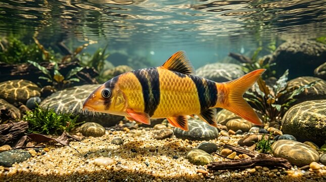 Clown loach fish swimming in a clear freshwater river habitat