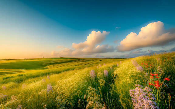 Serene landscape of rolling hills and wildflowers at sunset green hills blue sky fluffy clouds