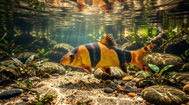 Clown loach fish swimming in a clear tropical freshwater river habitat