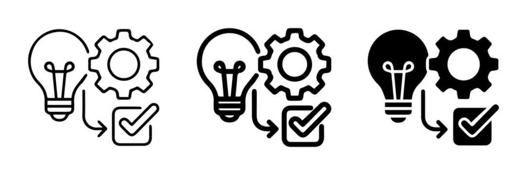 Idea to Implementation Icons: Lightbulb, Gear, Checkmark, Process Flow