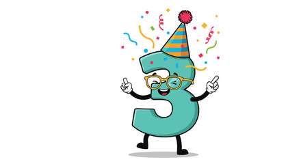 Fototapeta premium Happy cartoon character shaped like the number three wearing a party hat and glasses for a third birthday celebration event for kids.