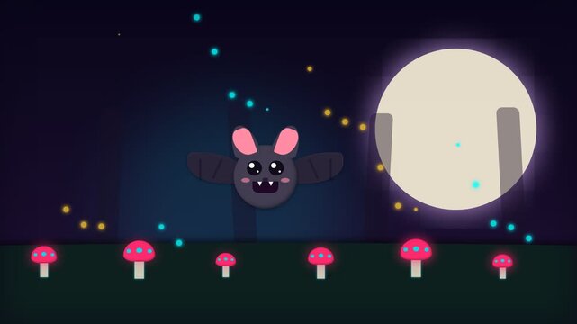 Cute Cartoon Bat Flying Through a Magical Forest at Night with Glowing Fireflies.