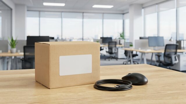 Cardboard box with blank label sitting on a wooden desk