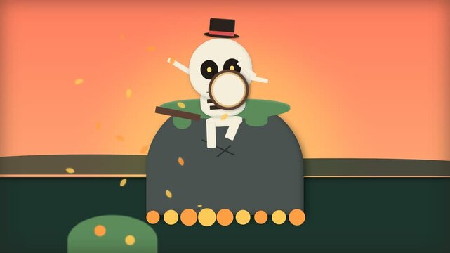 Animated Cartoon Skeleton Character Searching with Magnifying Glass in a Cauldron.