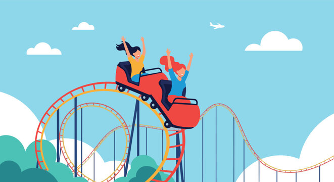 Excited young women riding a red roller coaster with their hands up at a fun amusement park on a bright sunny day in summertime.