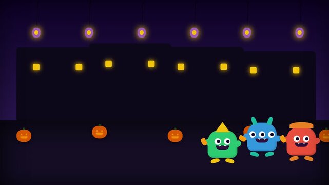 Cute Cartoon Monsters Dancing and Walking Together in a Fun Halloween Celebration Animation.