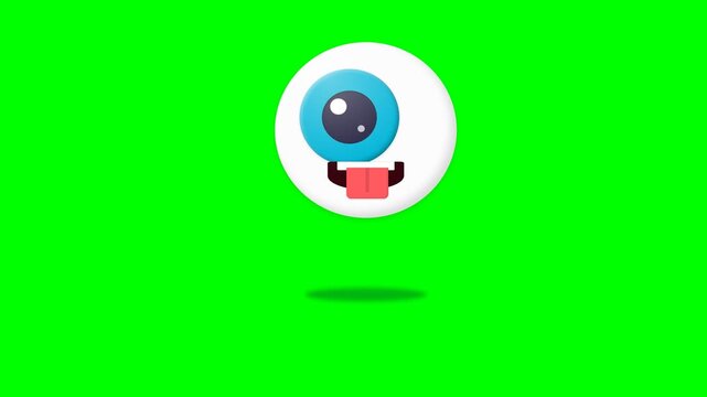 Animated Eyeball Character Jumping on Green Screen Background.