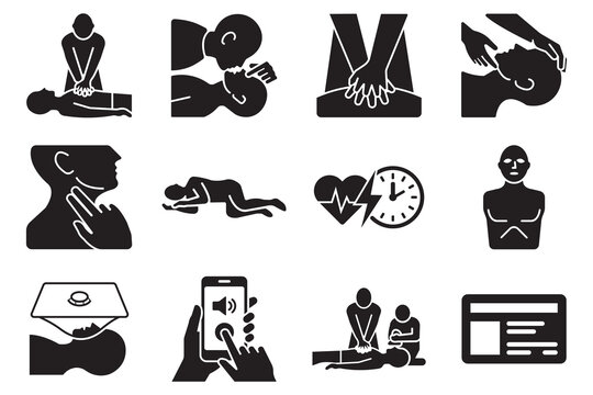 CPR and First Aid Black Silhouette Icon Set, Basic Life Support, Emergency Response, Resuscitation Vector Collection