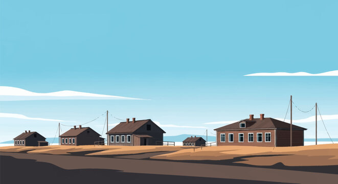 Vector illustration depicting a remote arctic village with multiple wooden gabled houses, utility poles, and power lines situated on a flat barren landscape under a clear blue sky.