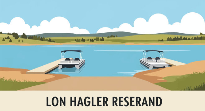 Flat vector illustration of Lon Hagler Reservoir boat ramp with two pontoon boats moored at wooden docks on calm water, surrounded by green hills, trees, and stylized clouds under a blue sky.
