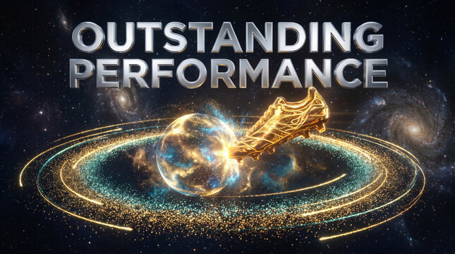 Outstanding performance concept with glowing golden trophy shoe in space with planets and stars