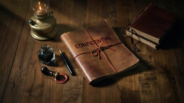 Vintage leather journal tied with string marked as confidential document secret