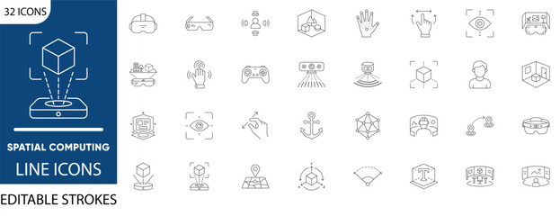 Spatial computing line icon set. Featuring VR headset, hologram, gamepad, and simulation. Vector icons for tech company prints, industrial training manuals, and AR app design. © MstMoriom