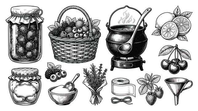 Vintage hand drawn jam making set, rustic kitchen canning elements vector, black and white fruit preserves and cooking tools collection
