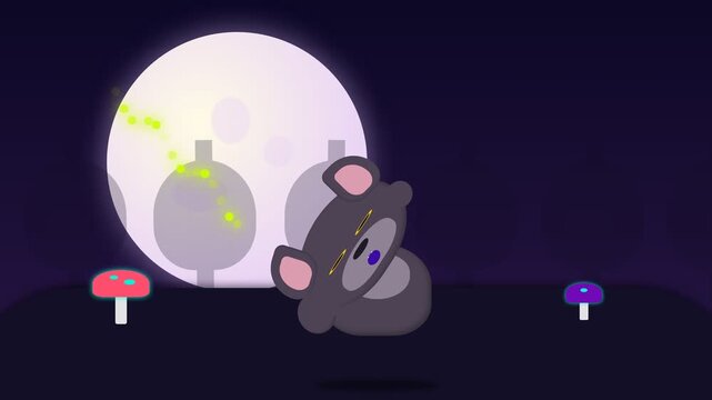 Cute Cartoon Koala Sleeping Peacefully Under a Glowing Full Moon at Night.