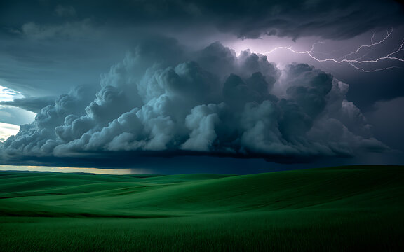 Stormy weather, large cumulonimbus clouds with lightning over green rolling hills green hills