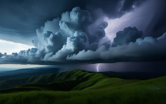 Stormy weather, dark clouds with lightning over green rolling hills green hills