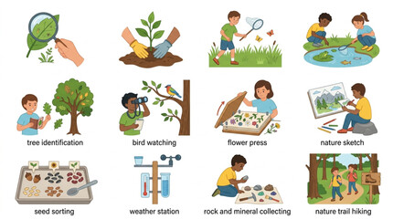 Children engaged in various outdoor science and nature exploration activities. © Luffy