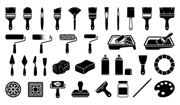 Painting Brushes and Texture Roller Black Vector Icon Collection