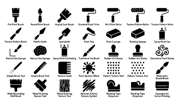 Creative Painting and Texture Tools Black Silhouette Vector Icon Set