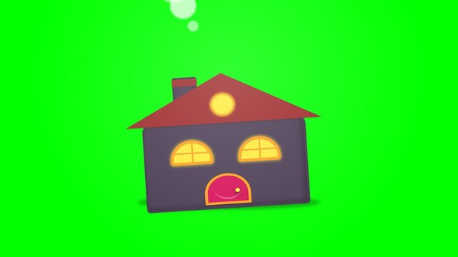 Animated Cartoon House with Rising Smoke on Green Screen Background.