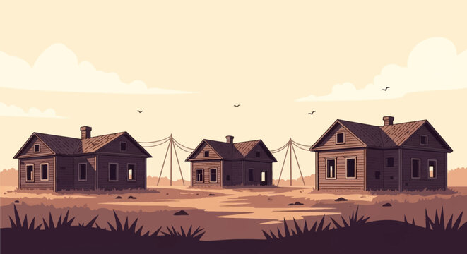 Stylized vector illustration of three abandoned wooden houses in a rural desert landscape with power lines, flying birds, and grass silhouettes under a hazy beige sky background.