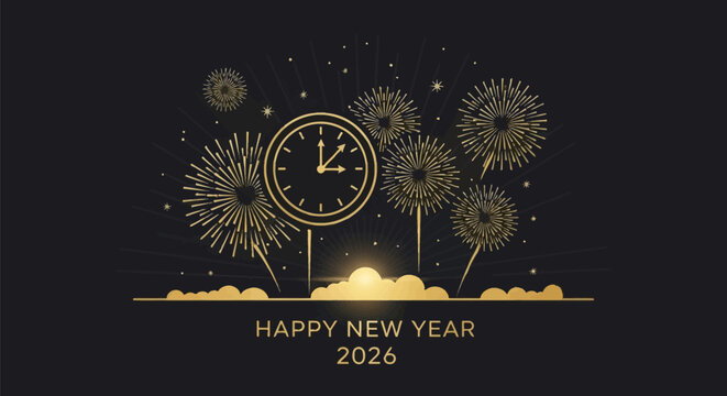 Gold line art illustration for Happy New Year 2026 featuring an analog clock at midnight, burst fireworks, stylized clouds, and stars on a black background, minimalist greeting.