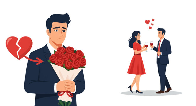 Vector illustration of a sad heartbroken man in a suit holding a rose bouquet next to a broken heart icon while a happy couple toasts with wine in the background on white.