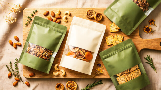 Healthy snacks in minimalist stand-up pouches on wooden board