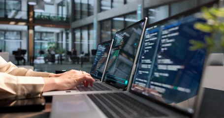 Fototapeten Musik Young Woman Programmer Coding Cloud Projects On Laptop  © Andrey Popov