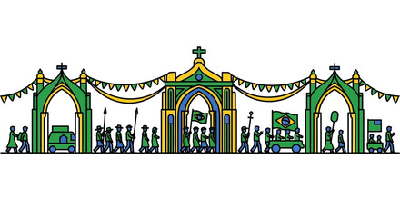 Obraz premium Illustrated Brazilian parade procession passing through ornate gothic arches.