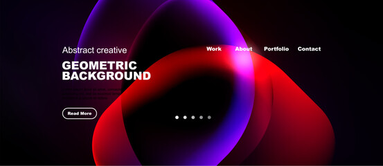 Fototapeta premium Dark background features vibrant fluid shapes. Text highlights geometric design, navigation options present. Modern aesthetic.