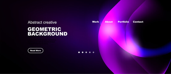 Naklejka premium Dark website design features vibrant pink abstract shapes, navigation menu, text elements, button. Modern aesthetic.
