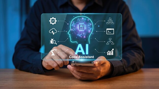 Professional using smartphone with holographic AI code assistant interface for programming and development
