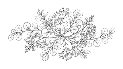 Minimalist botanical line art bouquet, hand drawn eucalyptus and wildflower floral arrangement, elegant black ink foliage vector illustration © Dream Time Studio