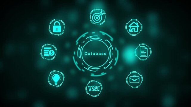 Futuristic digital interface displaying glowing cyan neon of business concepts like handshake, lightbulb, money, house, document, and briefcase arranged in a circular pattern around a central