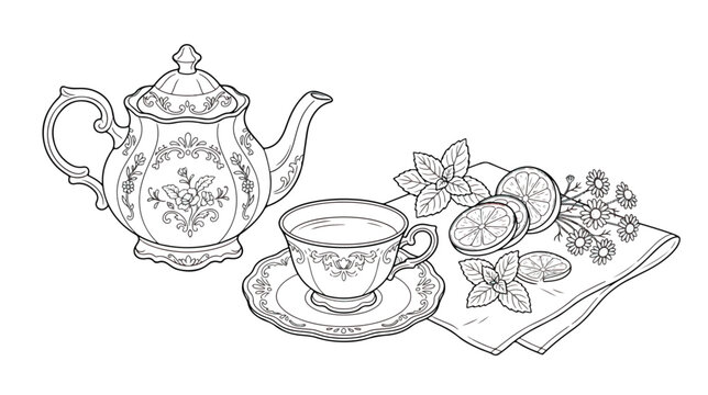 Vintage tea set line art, ornate teapot and teacup with lemon and mint, classic herbal tea ceremony vector illustration for coloring book