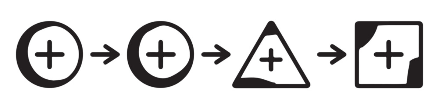 Sequential transformation of plus symbol inside moon triangle and square shapes for graphic design.