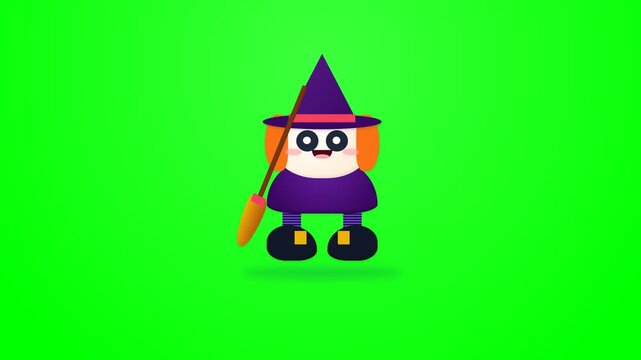 Cute Cartoon Witch Character Floating with Broomstick on Green Screen Background.