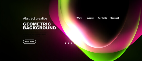 Naklejka premium Modern website design features vibrant fluid shapes, dark background, minimal text elements. Navigation includes work, about, portfolio, contact options.