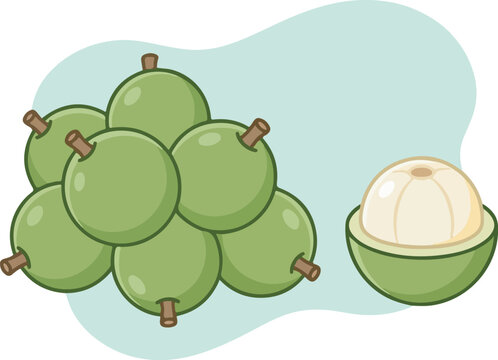 A bunch of fresh green langsat fruits with one peeled fruit showing the translucent flesh.
