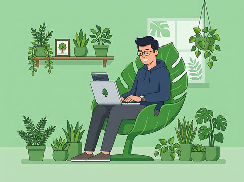 Young man programmer working on a laptop sitting in a leafshaped armchair in a room filled with indoor plants, home office concept, vector illustration
