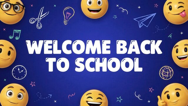 Welcome back to school banner featuring cute emojis and doodles
