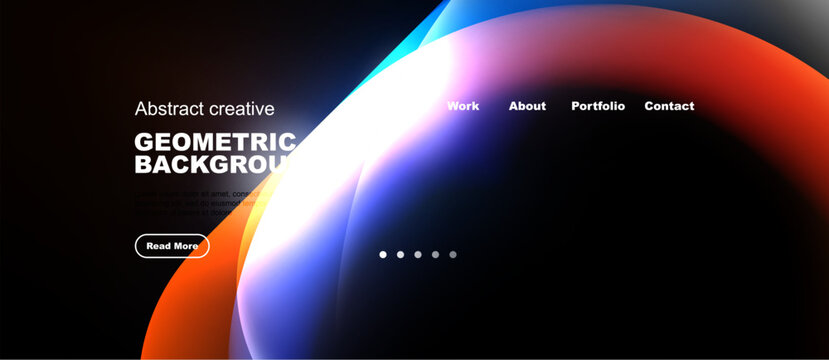Modern website design features vibrant fluid shapes, dark background, navigation menu. Includes read more button, dot indicators.
