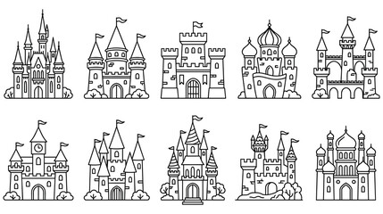 Fototapeta premium Castle outline vector set. fairytale palace silhouette with towers.