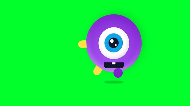 Cute Purple Cartoon Monster Character Jumping and Moving Across Green Screen.