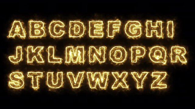 Alphabet text animation from a to z on transparent background, Burning Golden Neon Font A to Z Loop animation.neon glowing alphabet fire sign animated text from A to Z with alpha channel in 4k.